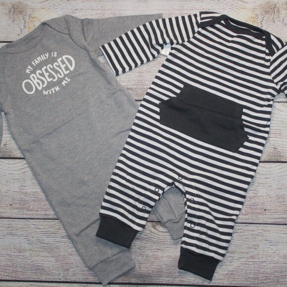 Cat & Jack Baby 1 Piece Rompers 2pk Cream, Black & Grey 0-3MO NWT Twins/ - Picture 1 of 7